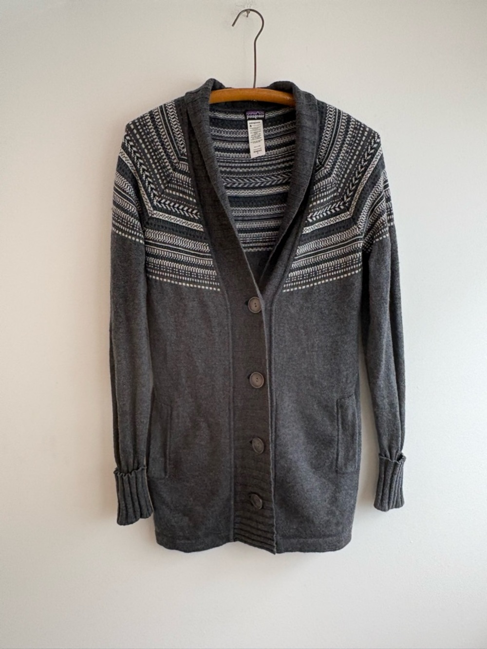 Patagonia Dark Gray Fair Isle Patterned Shawl-Collar Wool Button Cardigan, sz S